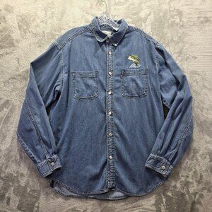 Levis Shirt Mens Large Denim Embroidered Fish Pocket Button Up Outdoors